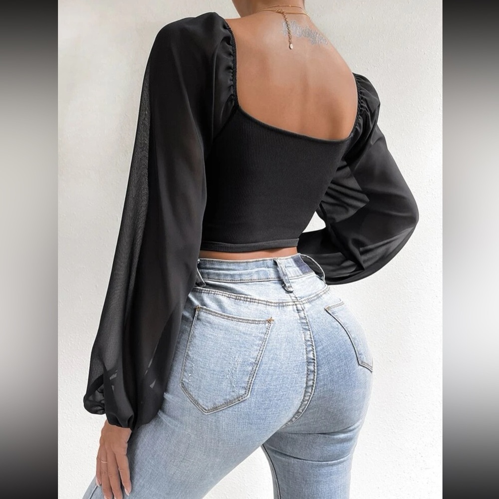 Shein black coloured sweetheart neck drawstring lantern sleeve crop top - Picture 2 of 2
